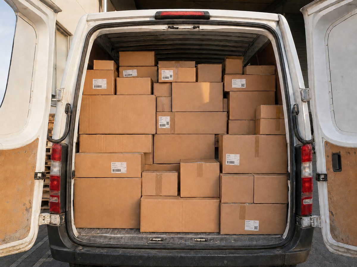 Beladener Kastenwagen auf einer Paketfahrt